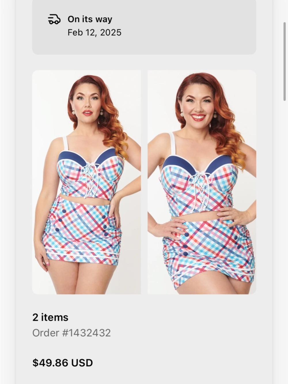 Plaid Lace-Up Bikini Top and Skirt Set - Blue & Pink - read size description